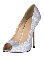 Chaussures à bout ouvert à talons aigus en tissu de paillettes argent