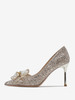 Chaussures à talons hauts dorés bout pointu paillettes nœuds détail chaussures de bal