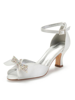 Chaussures dinvité de mariage Ivoire Satin Strass Peep Toe Talon Chunky Chaussures de mariée Sangle de cheville Mère Chaussures