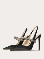 Chaussures de bal en satin strass noirs bout pointu talon aiguille escarpins à bride arrière