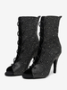 Chaussures de danse latine en cuir PU noir à bout ouvert et strass