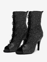 Chaussures de danse latine en cuir PU noir à bout ouvert et strass