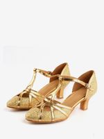 Chaussures de danse latine en tissu pailleté chaussures de danse à bout rond doré