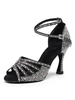 Chaussures de danse latine Soie et Satin Argent Peep Toe Strass Chaussures de danse noires à bride à la cheville