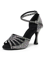 Chaussures de danse latine Soie et Satin Argent Peep Toe Strass Chaussures de danse noires à bride à la cheville