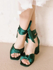 Chaussures de demoiselle dhonneur vertes en satin avec nœuds et bout ouvert chaussures de mariage à lacets et talons épais