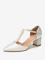 Chaussures de mariage à talons épais escarpins de mariée à bout pointu et bride en T avec perles