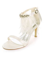 Chaussures de Mariage 2021 Ivoire Satin Bout Ouvert Strass Détail Plumes Talon Haut Chaussures de Mariée