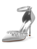 Chaussures de mariage Argent satiné Bout pointu Perles Talon aiguille Sangle de cheville Chaussures de mariée