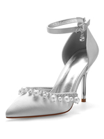 Chaussures de mariage Argent satiné Bout pointu Perles Talon aiguille Sangle de cheville Chaussures de mariée
