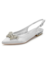 Chaussures de mariage Argent satiné Bout pointu Strass Sling Flat Back Chaussures de mariage