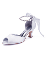 Chaussures de mariage blanc bout rond perles talon évasé cheville cravate chaussures de mariage