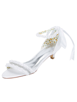 Chaussures de mariage blanc chaton talon sandales strass perle cheville Strap chaussures de mariée avec ruban Bow