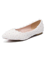 Chaussures de mariage blanc dentelle perlée bout pointu chaussures de mariée plate