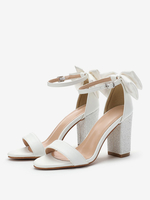 Chaussures de mariage blanches avec nœuds bout ouvert strass talon épais chaussures de mariée