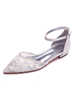 Chaussures de mariage blanches Bout pointu détail floral Sangle à la cheville Chaussures de mariée plates Chaussures de demoiselle dhonneur en satin