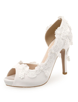 Chaussures de mariage blanches chaussures de mariée en satin peep toe avec détail en dentelle