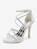 Chaussures de mariage blanches en satin à bout ouvert et à lanières avec strass