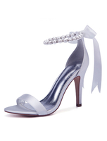 Chaussures de mariage blanches en satin à bout ouvert Perles Bow Chaussures à talons hauts Chaussures de mariée Chaussures de soirée