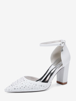 Chaussures de mariage blanches en satin et strass escarpins à bout pointu et talon épais