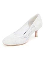 Chaussures de mariage Dentelle Blanc Rond Toe Kitten Teel Slip sur Talons de mariée