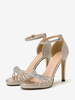 Chaussures De Mariage Dorées Paillettes Strass Bout Ouvert Chaussures De Soirée À Talons Hauts Noués