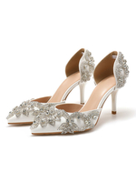 Chaussures de mariage en cuir PU blanc bout pointu strass talons aiguilles