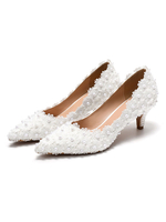 Chaussures de mariage en cuir PU blanc perles bout pointu chaussures de mariée talon chaton sans lacet