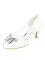 Chaussures de mariage en dentelle blanc rond rond strass kitten talons talons brides