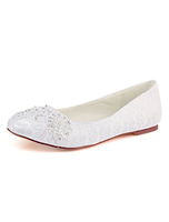 Chaussures de mariage en dentelle blanches à bout rond strass perles plates Chaussures plates