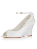 Chaussures de mariage en dentelle ivoire peep toe fleurs détail Wedge chaussures bride à la cheville chaussures de mariée