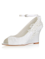 Chaussures de mariage en dentelle ivoire peep toe fleurs détail Wedge chaussures bride à la cheville chaussures de mariée
