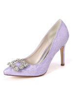 Chaussures de mariage en dentelle lilas bout pointu strass pompes à talons aiguilles