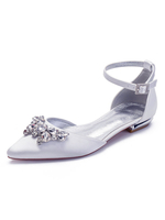 Chaussures de mariage en satin blanc strass bout pointu chaussures de mariée plates
