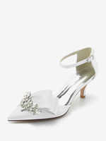 Chaussures De Mariage En Satin Bout Pointu Nœud Strass Talon Chaton Escarpins De Mariée