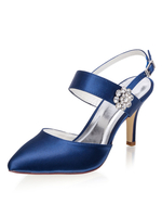 Chaussures De Mariage En Satin Marine Foncé Bout Pointu Strass Escarpins Mère De Chaussures De Mariée