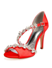 Chaussures De Mariage En Satin Peep Toe Rouge Strass Bretelles Sandales De Mariée À Talons Hauts