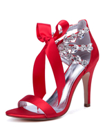 Chaussures de mariage en satin rouge strass bout ouvert lacets chaussures de mariée sandales à talons hauts
