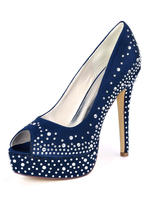 Chaussures de mariage en satin strass bleu profond Peep Toe Peep Toe Stiletto Heel Chaussures de mariée