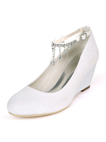 Chaussures de mariage en tissu pailleté blanc strass bout rond talon compensé chaussures de mariée bride à la cheville talons