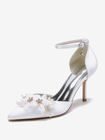 Chaussures De Mariage Escarpins De Mariée Fleur Bride En Satin À Bout Pointu