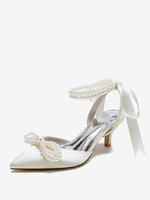 Chaussures De Mariage Femme Perle Lacet Nœud Escarpins De Mariée En Satin À Bout Pointu