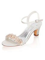 Chaussures de mariage ivoire Chaînes à bout ouvert en satin Talon épais Chaussures de mariée mi-hautes