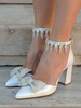 Chaussures de mariage ivoire talon bloc bout pointu strass nœud bride à la cheville escarpins de mariée
