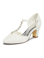 Chaussures de mariage ivoire Tissu pailleté Bout fermé Paillettes Talon épais Talons de mariée de type T