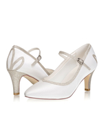 Chaussures de mariage Mary Jane Escarpins Satin Bout Pointu Talon Chaton 2.8 "Chaussures De Mariée