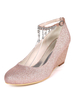 Chaussures de mariage Paillettes Tissu Champagne Bout rond Strass Escarpins Talon compensé Cheville Strape Pompes