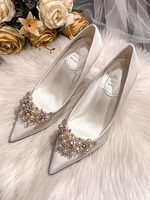 Chaussures De Mariage Perle Pour Femmes Satin Blanc Bout Pointu Strass Talon Haut Chaussures De Mariée