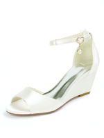 Chaussures de mariage perles de satin ivoire bout ouvert bride à la cheville talon compensé chaussures de mariée