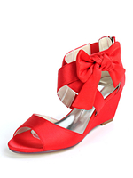 Chaussures de mariage pour femmes Champagne Satin Nœuds Bout ouvert Talon compensé Chaussures de mariée